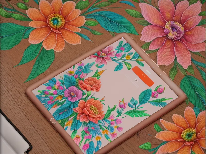Primer plano de iPad con diseño floral en Procreate y café de olla