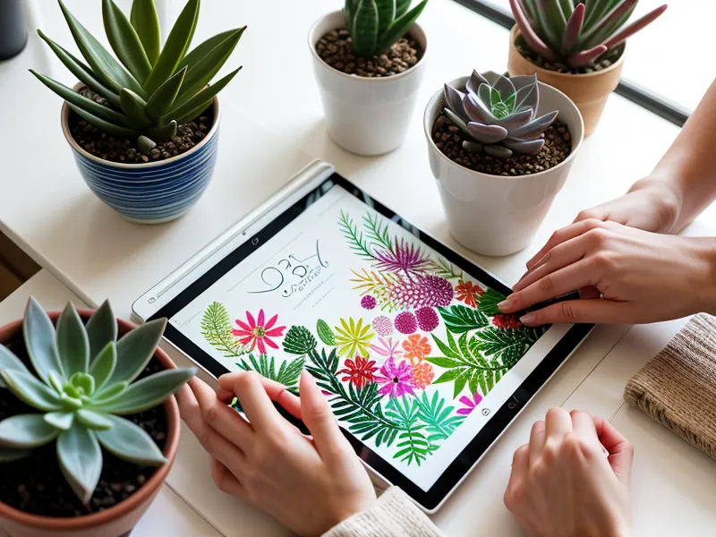 Manos diseñando una ilustración botánica moderna en Procreate para sublimación.