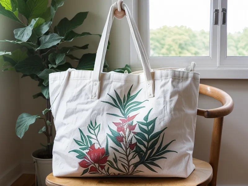 Tote de manta terminado con diseño botánico impreso en DTF desde un archivo organizado en Procreate