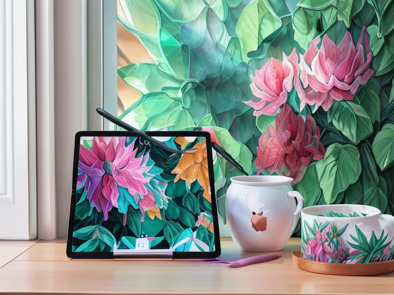 Diseño botánico en Procreate en un iPad sobre una mesa de trabajo creativa.
